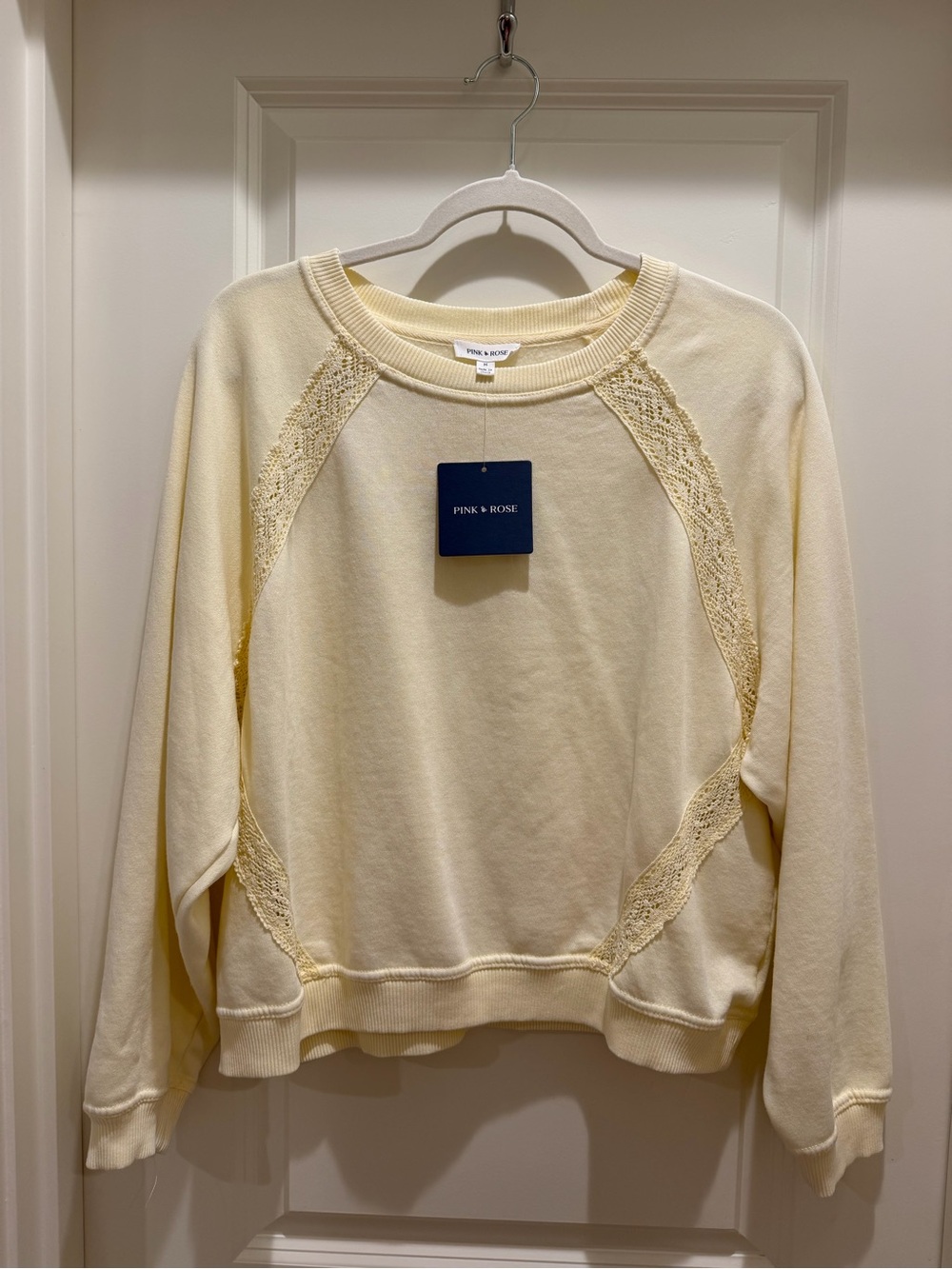 Pink Rose Butter Yellow Lace-Trim Crewneck Sweatshirt